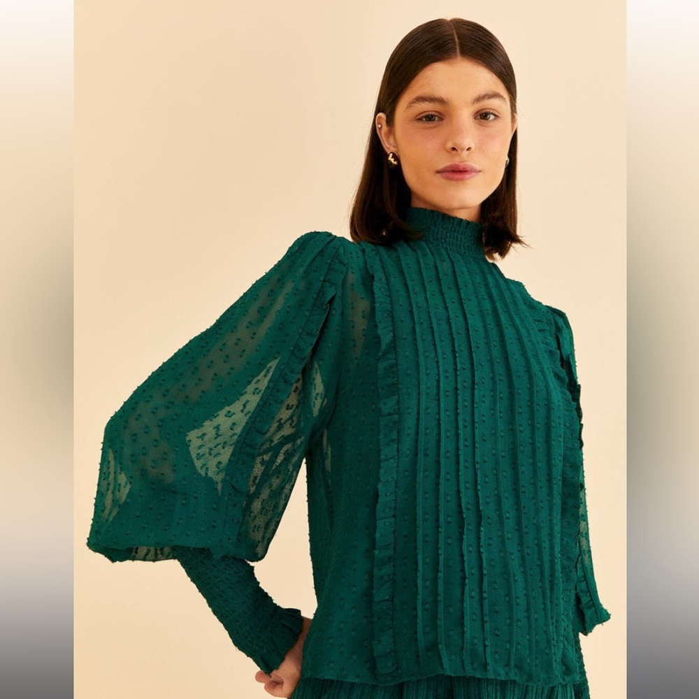Farm Rio Emerald Ruffle Long Sleeve Blouse Size S